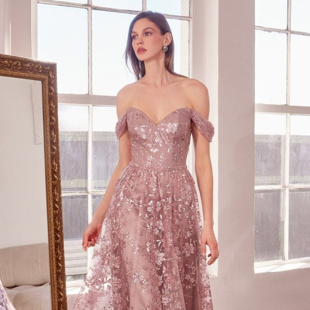 New Off Shoulder A-Line Sequins Embellished Maxi Gown w/ Sweetheart Neck CD T607